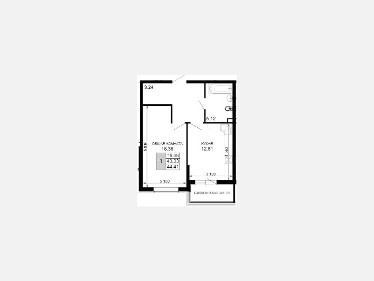 1-комнатная квартира, 44.78 м², 4/15 этаж фото 0