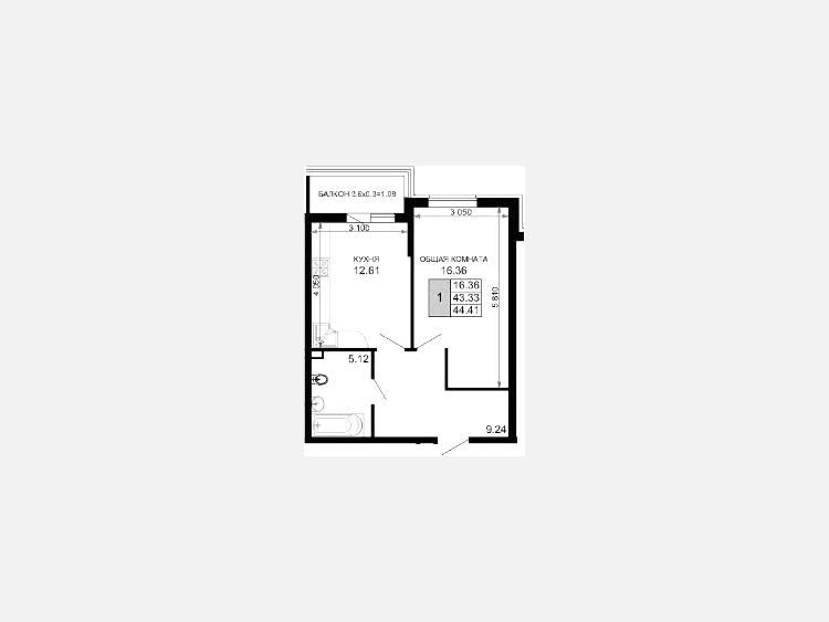 1-комнатная квартира, 44.78 м², 4/15 этаж фото 0