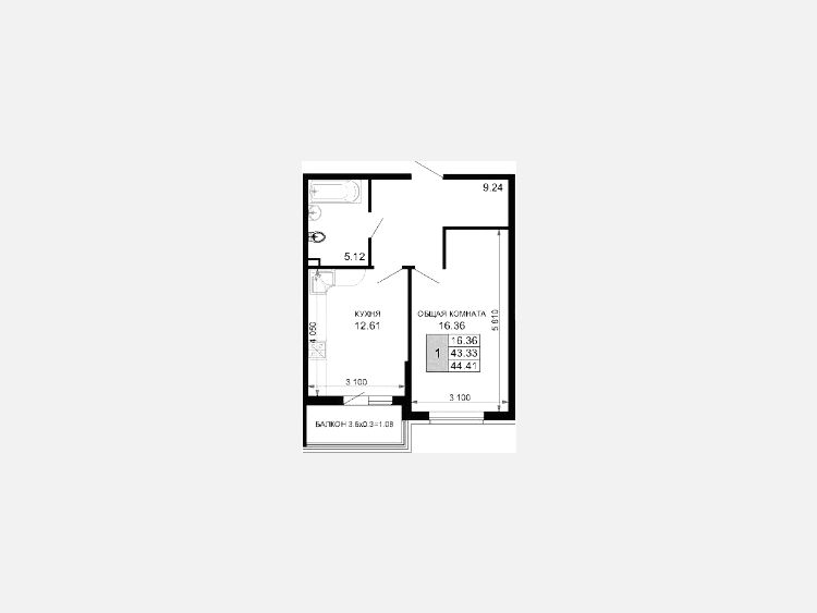 1-комнатная квартира, 44.80 м², 4/15 этаж фото 0