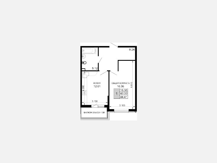 1-комнатная квартира, 44.94 м², 4/15 этаж фото 0
