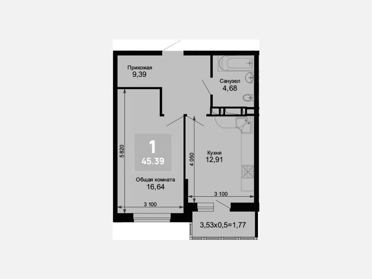 1-комнатная квартира, 43.62 м², 12/15 этаж фото 0