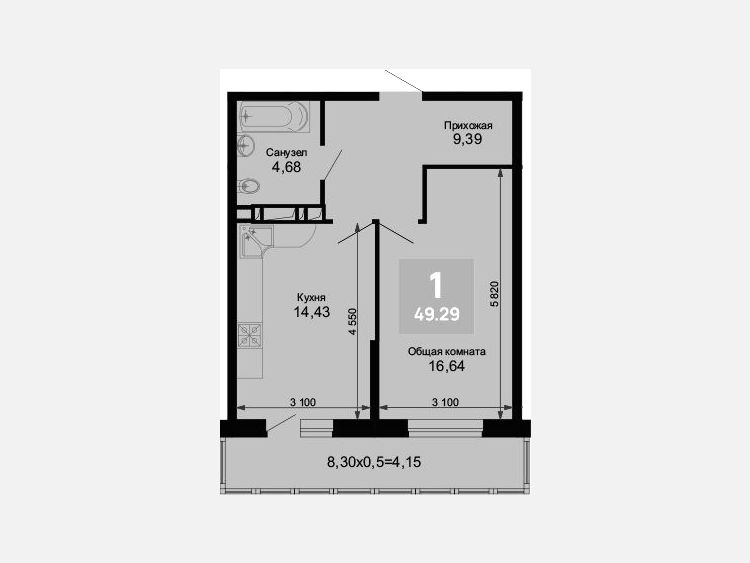 1-комнатная квартира, 45.14 м², 6/15 этаж фото 0