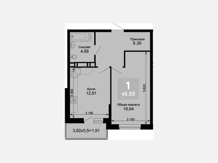 1-комнатная квартира, 43.62 м², 6/15 этаж фото 0