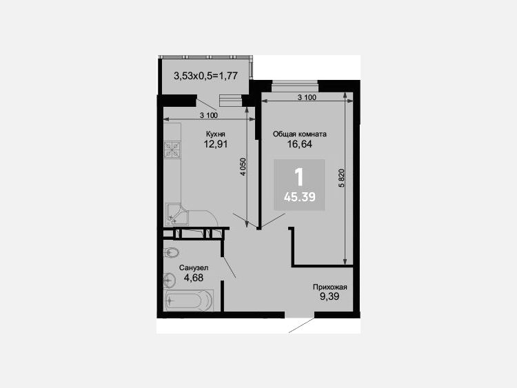 1-комнатная квартира, 43.62 м², 13/15 этаж фото 0