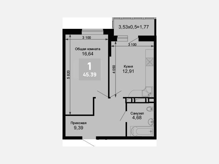 1-комнатная квартира, 43.62 м², 13/15 этаж фото 0