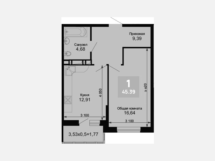 1-комнатная квартира, 43.62 м², 10/15 этаж фото 0