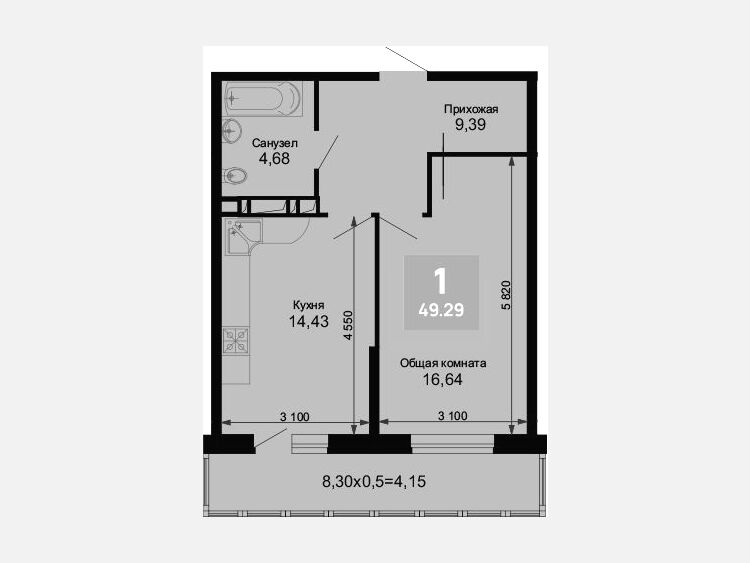 1-комнатная квартира, 45.14 м², 6/15 этаж фото 0