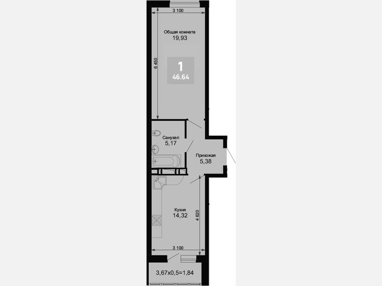 1-комнатная квартира, 44.80 м², 6/15 этаж фото 0