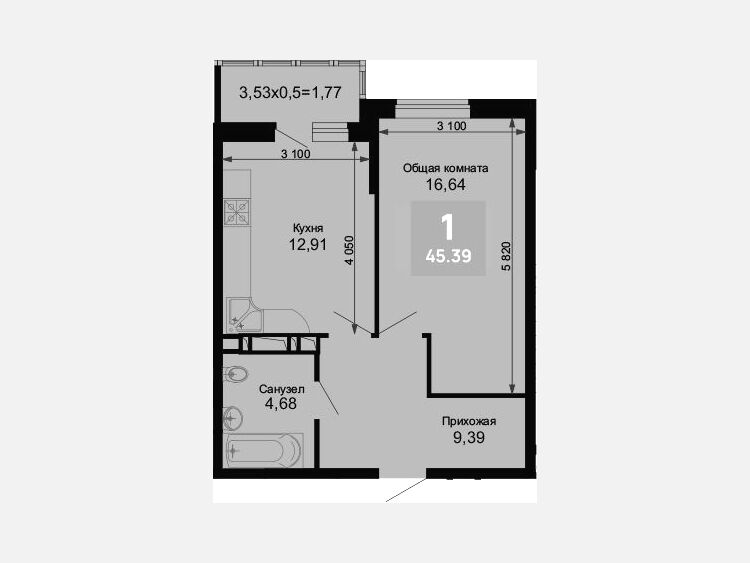1-комнатная квартира, 43.62 м², 5/15 этаж фото 0