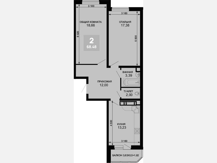 2-комнатная квартира, 66.66 м², 2/19 этаж фото 0
