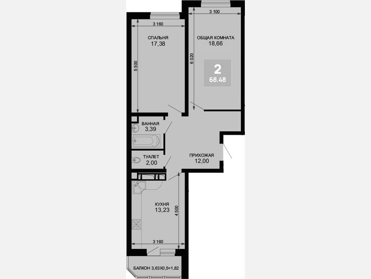 2-комнатная квартира, 66.66 м², 13/19 этаж фото 0