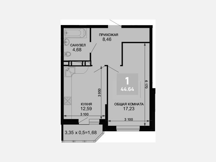1-комнатная квартира, 42.96 м², 2/19 этаж фото 0