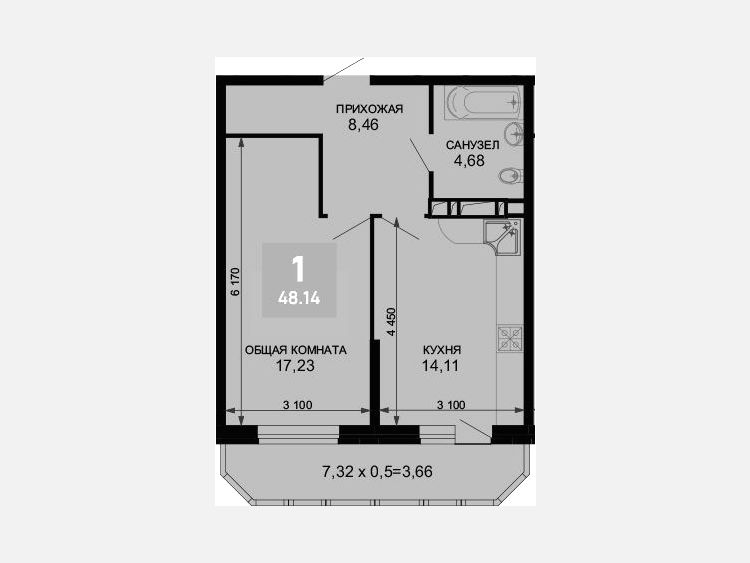 1-комнатная квартира, 44.48 м², 2/19 этаж фото 0