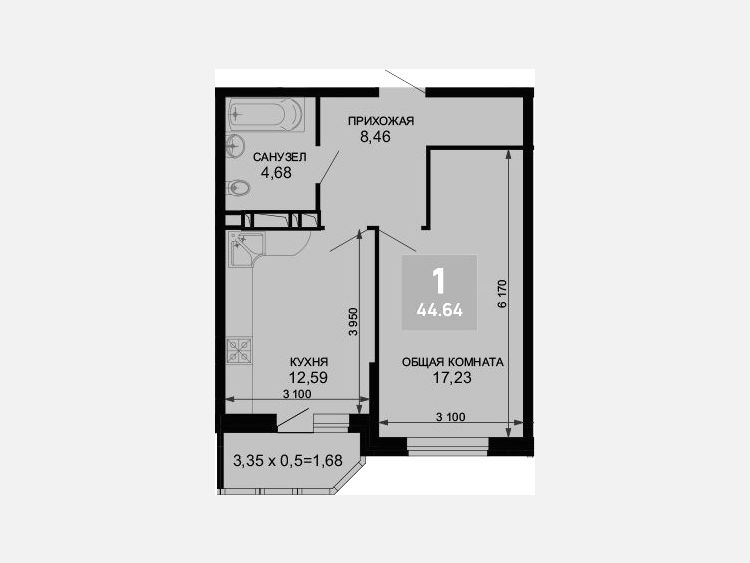 1-комнатная квартира, 42.96 м², 2/19 этаж фото 0