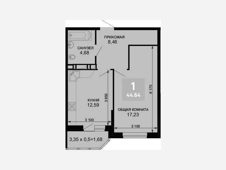 1-комнатная квартира, 42.96 м², 3/19 этаж фото 0