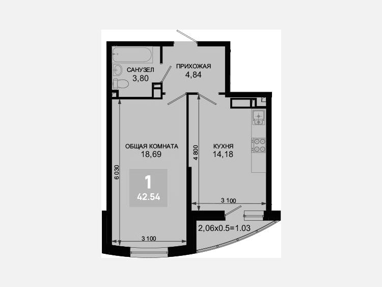 1-комнатная квартира, 41.51 м², 2/19 этаж фото 0