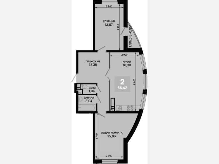 3-комнатная квартира, 65.47 м², 16/19 этаж фото 0