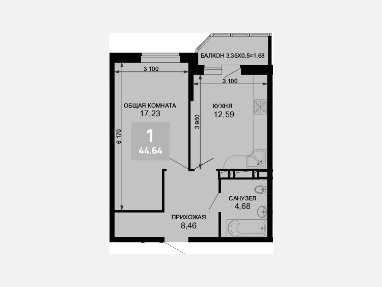 1-комнатная квартира, 42.96 м², 7/19 этаж фото 0