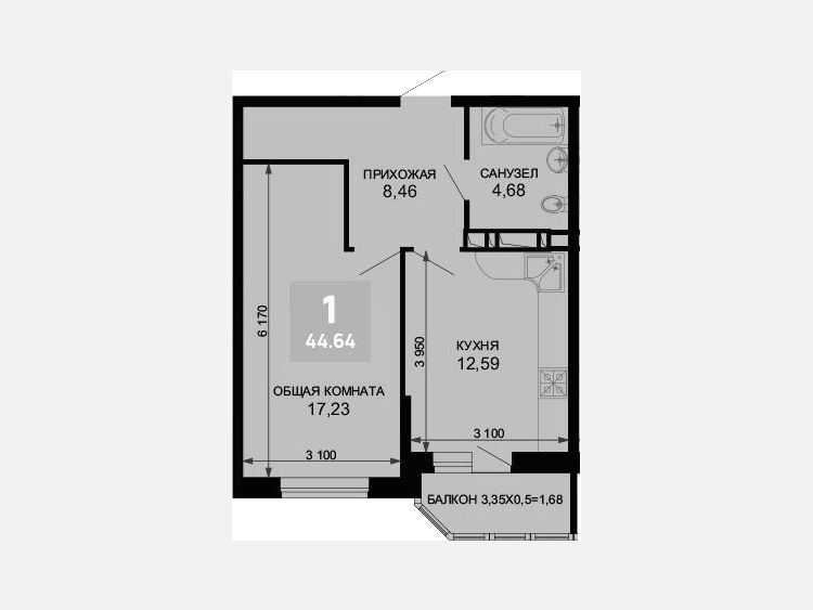 1-комнатная квартира, 42.96 м², 17/19 этаж фото 0