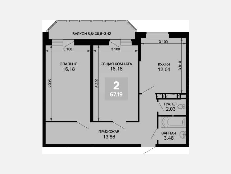 2-комнатная квартира, 63.77 м², 11/19 этаж фото 0