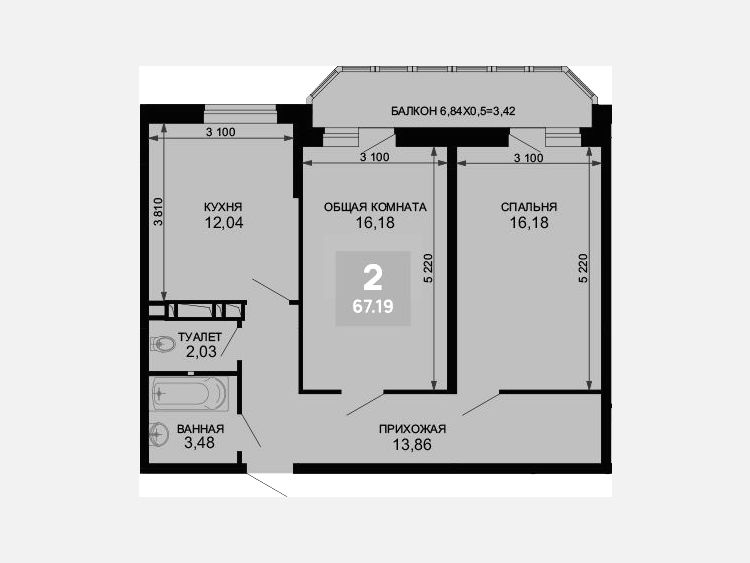 2-комнатная квартира, 63.77 м², 9/19 этаж фото 0