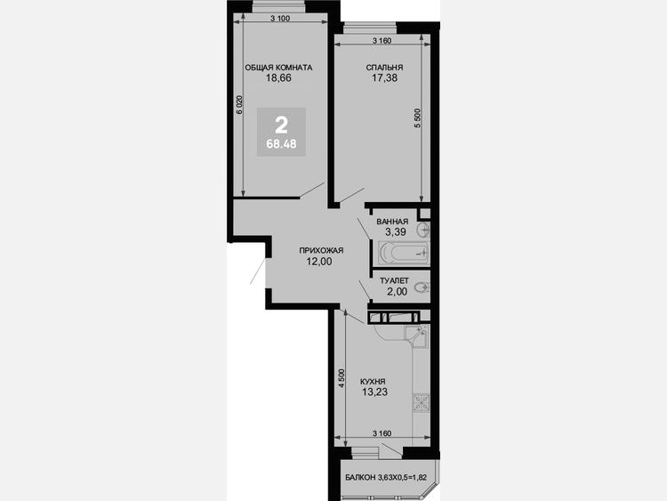 2-комнатная квартира, 66.66 м², 4/19 этаж фото 0