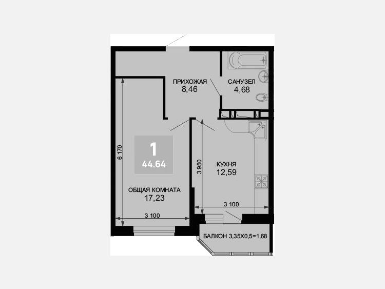 1-комнатная квартира, 42.96 м², 9/19 этаж фото 0