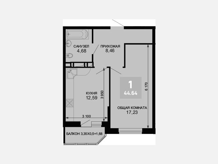 1-комнатная квартира, 42.96 м², 8/19 этаж фото 0