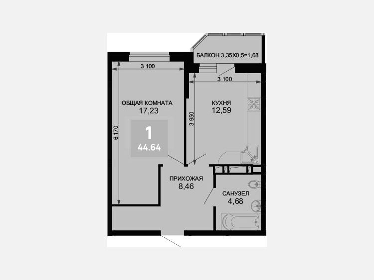 1-комнатная квартира, 42.96 м², 2/19 этаж фото 0