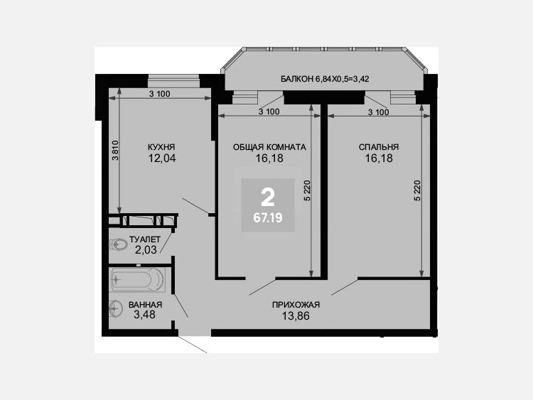2-комнатная квартира, 63.77 м², 18/19 этаж фото 0