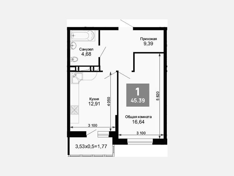 1-комнатная квартира, 43.62 м², 10/15 этаж фото 0