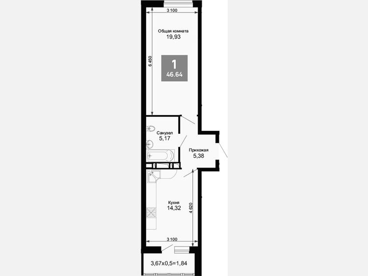 1-комнатная квартира, 44.80 м², 9/15 этаж фото 0