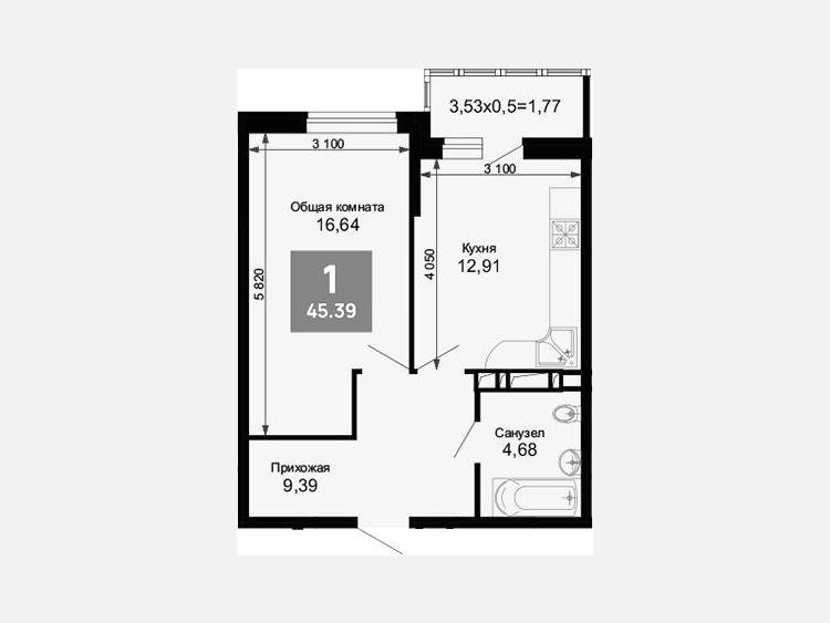 1-комнатная квартира, 43.62 м², 7/15 этаж фото 0