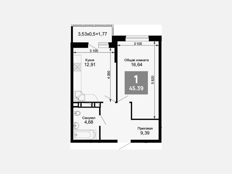 1-комнатная квартира, 43.62 м², 13/15 этаж фото 0