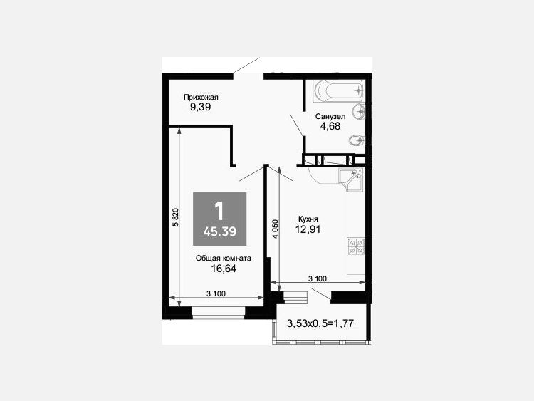 1-комнатная квартира, 43.62 м², 6/15 этаж фото 0