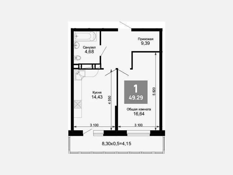1-комнатная квартира, 45.14 м², 9/15 этаж фото 0