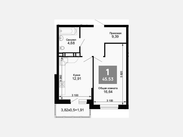1-комнатная квартира, 43.62 м², 8/15 этаж фото 0