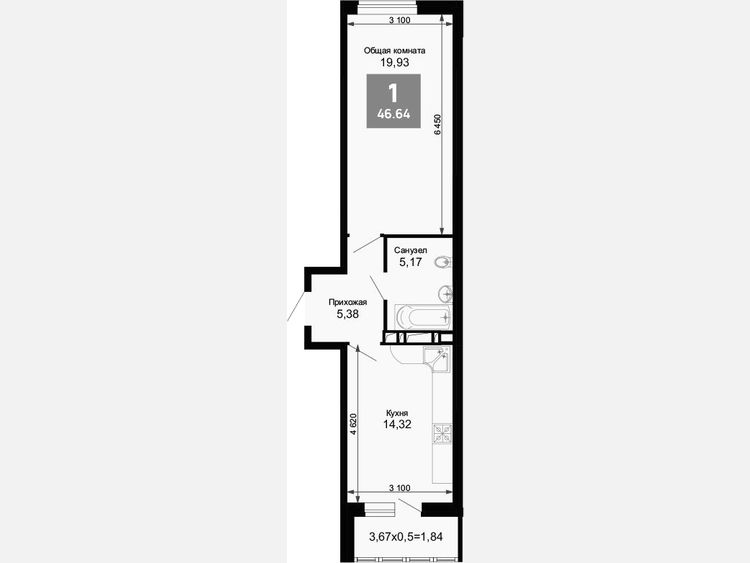 1-комнатная квартира, 44.80 м², 7/15 этаж фото 0