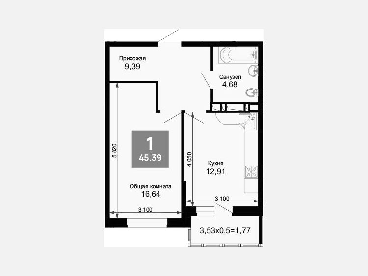 1-комнатная квартира, 43.62 м², 5/15 этаж фото 0