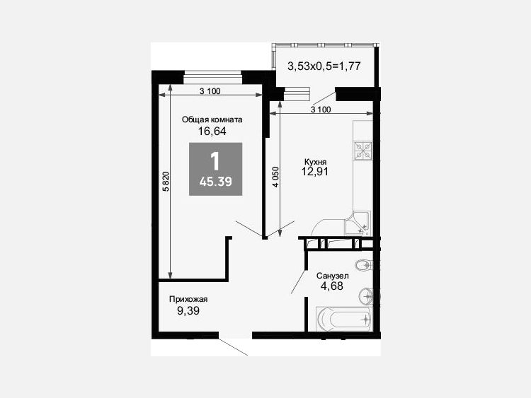 1-комнатная квартира, 43.62 м², 10/15 этаж фото 0