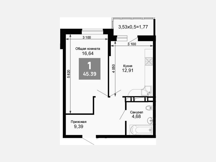 1-комнатная квартира, 44.09 м², 4/15 этаж фото 0