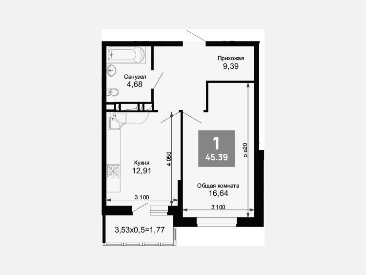 1-комнатная квартира, 44.09 м², 4/15 этаж фото 0