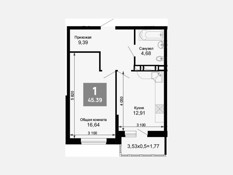 1-комнатная квартира, 44.09 м², 4/15 этаж фото 0