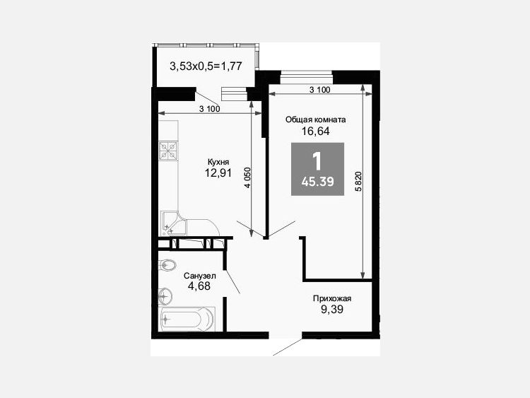 1-комнатная квартира, 44.09 м², 4/15 этаж фото 0